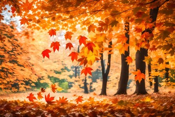 Falling maple leaves in a natural setting.vibrant foliage - obrazy, fototapety, plakaty