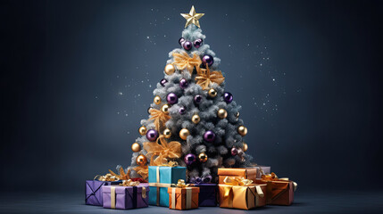 christmas tree with gifts on a wooden board