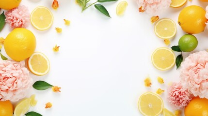 Naklejka na ściany i meble Frame made of citrus lemon, lime and peonies buds on white background. Food petal beauty concept. flat lay, top view, holiday feminine layout