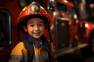 Portrait of cute little boy wearing firefighter uniform in the fire department - obrazy, fototapety, plakaty