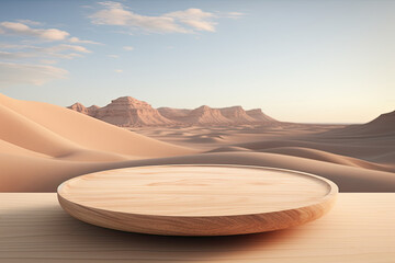 a wooden table on a table in the desert. product display podium for product presentation.