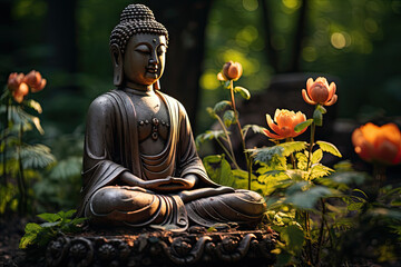 a buddha statue sitting in the middle of a garden with flowers and plants around himalai, japan's...