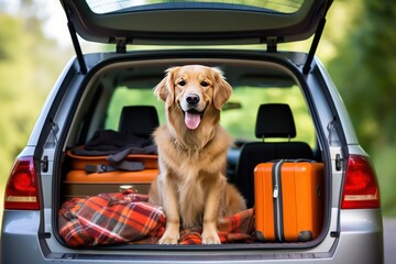 Dog sitting in car trunk waiting for owner to return with ears perked up listening for sign. Domestic pet sitting in open car trunk waits return to home guarding owner things