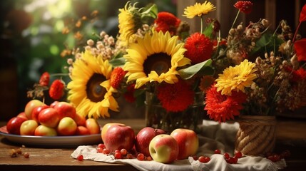 Still life with apples and sunflowers