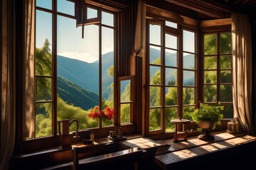 A painterly interpretation of an open window overlooking a picturesque natural scene, the old-fashioned design enhancing the sense of timeless beauty