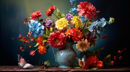 Still life with a beautiful bouquet of flowers and butterflies