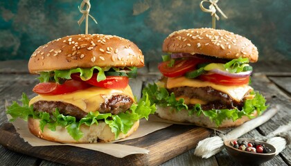 Close-up of two homemade beef burgers topped with cheese and fresh vegetables on a weathered wooden table. Rich and indulgent fast food captured in detail.