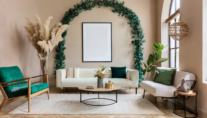 empty poster frame on beige wall in living room interior with modern furniture and decorative green arch with trendy dried flowers, white sofa and armchair