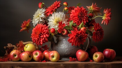 Still life with dahlias and apples (textured for artistic effect)