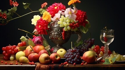 Still life with fruits With many species, grape, apple, pear, and flowers in a vase All are beautifully arranged together on the table.