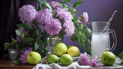 Still life with huge bunch of lilac and chrysanthemums, cup and green apple