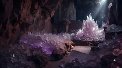 Interior view of a cave with purple-white amethyst crystals. Illuminated by a focused beam of...
