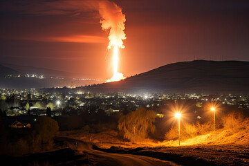 a city at night with a fire in the sky and an orange glow on the ground, as seen from a distance