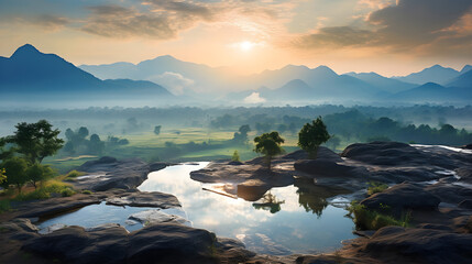 Beautiful majestic mountain landscape with wide scenic river under the sunlight and sunbeams