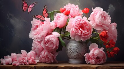 Still life with pink peonies and a butterfly (textured for artistic effect)