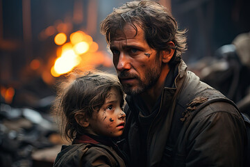 a man holding a little girl in his arms, with fire burning behind him and the woman's face