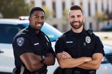 African American police officer and white police officer stand together. Male African American cop with white cop pose. African American with European colleague pose against police car before shift