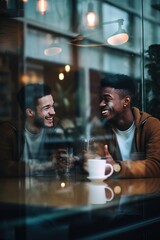 Friends engage in talking with laughter drinking champagne at cafe. Man with woman share good conversation with laughter over champagne . Boyfriend and girlfriend find joy in chatting and laughing