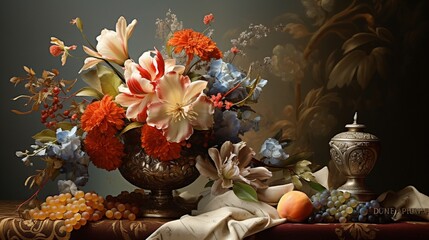 Still life with splendid bouquet in Baroque style - obrazy, fototapety, plakaty