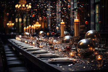 a table setting with candles, plates and wine glasses on the table is lit by christmas lights in the background