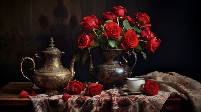 Still life with roses and a shel l