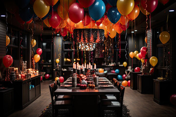 a birthday party with balloons, candles and cons hanging from the ceiling over a long table is...