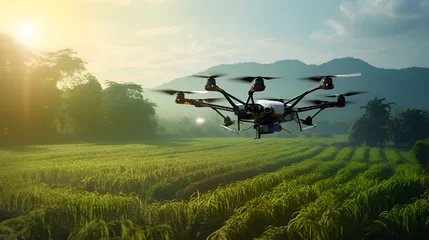 Selbstklebende Fototapeten Drone Flying High Above a Smart Farm,Agriculture Technology Images for Modern Farming,AI Generative  © Aleey
