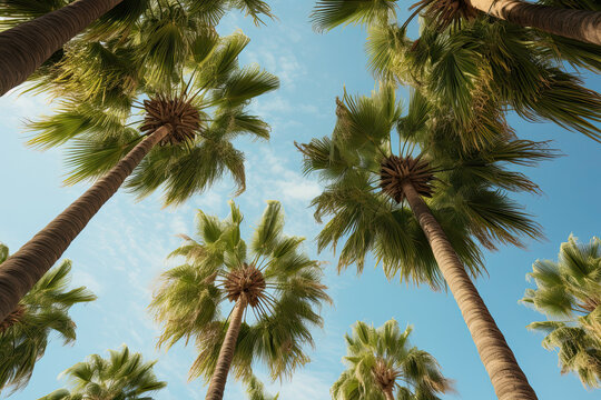 low angle of a palm trees stand against a blue sky