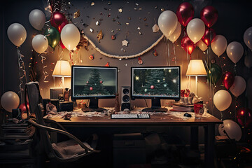 two computer monitors on a desk surrounded by balloons and confectional garlands in front of the monitor screen