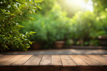 Empty wooden and blurred green nature garden backgroun - Powered by Adobe