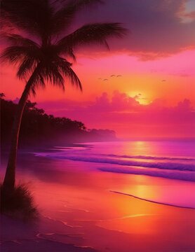 calm beach scene at sunset, waves and palm trees illustration
