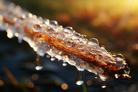 water droplets on a branch in the evening sun, taken with my canon 70 - 200mm f / 1 8 lens