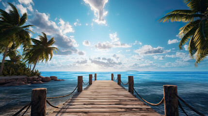 a wooden dock leading to the ocean along side palm trees - obrazy, fototapety, plakaty