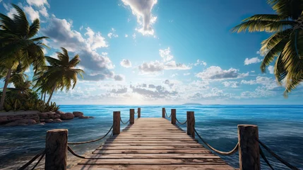  a wooden dock leading to the ocean along side palm trees © Rangga Bimantara
