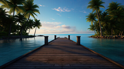 a wooden dock leading to the ocean along side palm trees