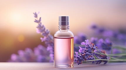 Obraz na płótnie Canvas mockup lavender essential oil bottle is sitting on lavender flowers