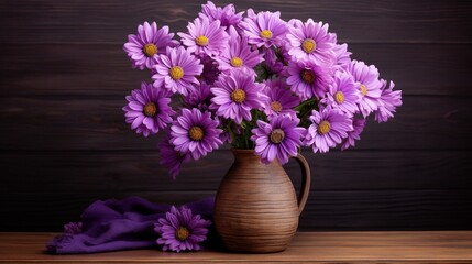 Bunch of purple daisies in rustic vase