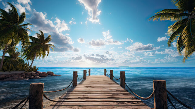 Fototapeta a wooden dock leading to the ocean along side palm trees