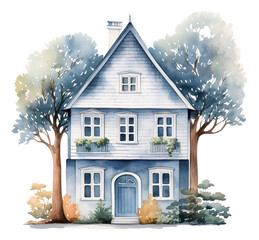 Watercolor Scandinavian house and trees isolated.