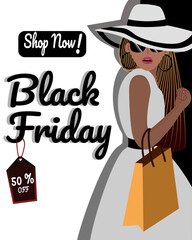 Black Friday sale design, vector illustration. Woman with shopping bag.