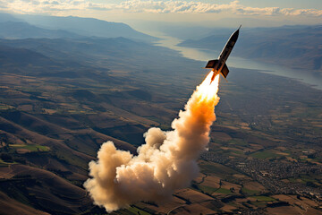 a rocket taking off into the air with mountains in the background and clouds above it, as seen from an airplane
