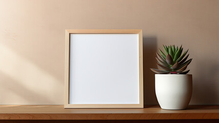a blank frame mockup with empty space in front of a succulent and potted plant