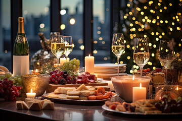 a table setting with wine, cheese, grapes, and cracks on the table in front of a christmas tree