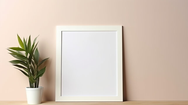 a blank frame mockup with empty space in front of a succulent and potted plant