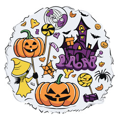 Isolated Halloween elements for design ideas on white background. Cute pumpkins, black cat, ghost, cupcake, spider, witch hat, halloween calander, treats.