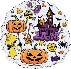 Isolated Halloween elements for design ideas on white background. Cute pumpkins, black cat, ghost, cupcake, spider, witch hat, halloween calander, treats.