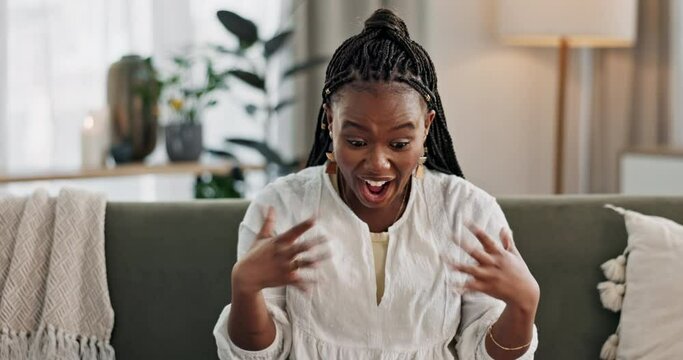 Black woman on sofa, surprise and celebration with laptop for remote work, social media or excited announcement. Happy girl on couch with computer for winning email, achievement and success in home.
