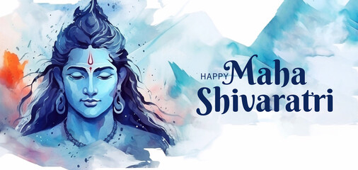 Maha Shivaratri Poster Design with God Siva Portrait in Watercolor Painting Style