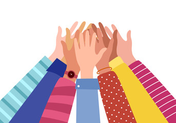 Hand together concept vector illustration. Hands showing unity in flat design on white background. Teamwork.