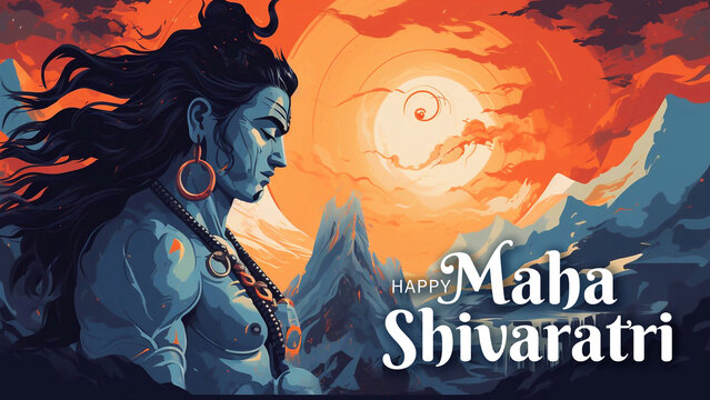Maha Shivaratri Design with God Siva Portrait in Watercolor Painting Style